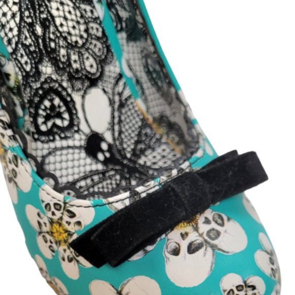 IRON FIST- Platform Pumps Turquoise Skull Daisy Pattern NWOT SZ 5M - Picture 4 of 6